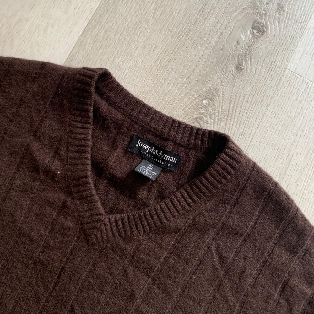 Joseph & Lyman Brown 100% Cashmere V-Neck Ribbed Sweater Mens XL Luxury Knit